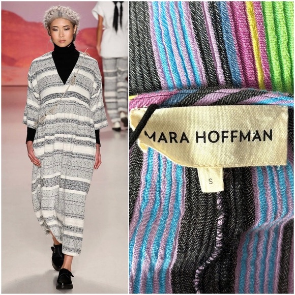 MARA HOFFMAN Colorful Stripe Crinkled Hemp V-Neck Oversized Kaftan Maxi Dress S - Picture 6 of 7